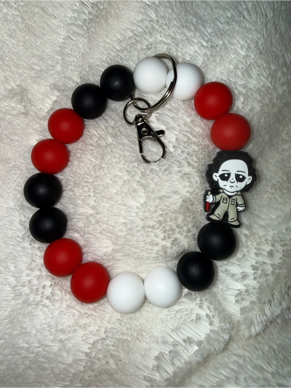Silicone Bead Wrist Keychain with Character Charm - Red, Black & White